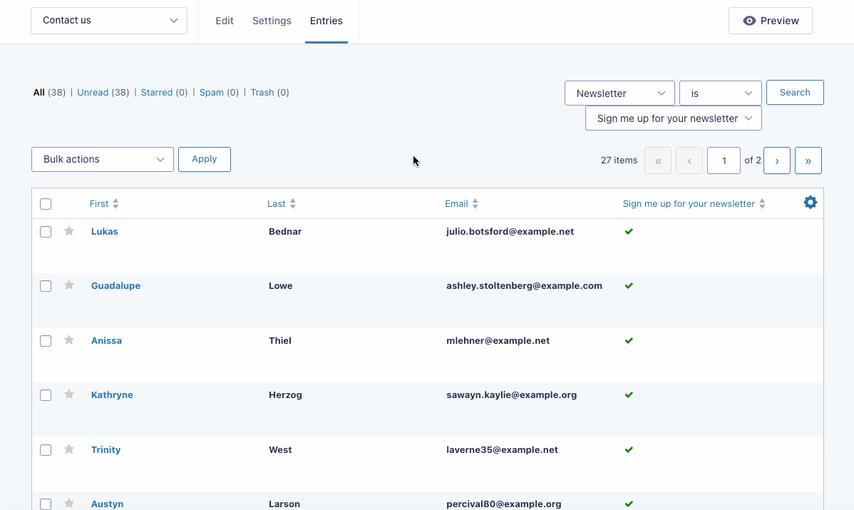 Select all entries and click "'Subscribe" on the Bulk actions section. A modal appears.